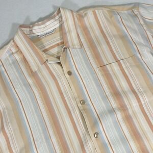 Tommy Bahama Men's XXL Peach Blue Striped 100% Silk Short Sleeve Button Up Shirt